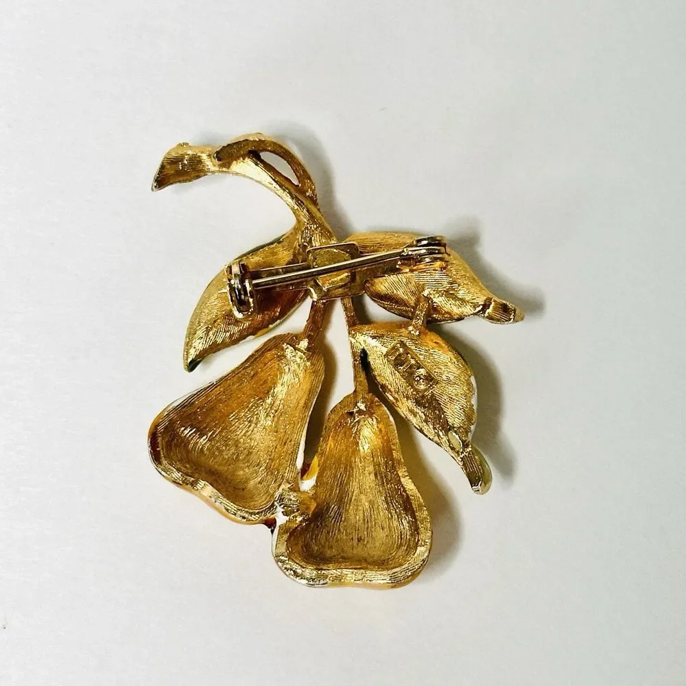 JJ Jonette Signed Enamel Pear Brooch Pin Figural Golden Fruit Cottagecore MCM